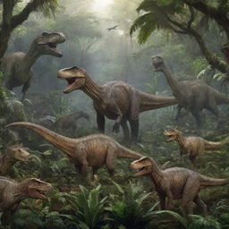 Previous tropical rainforest now teeming with dinosaurs. A mighty T-Rex, swift Raptors, towering Brachiosaurus, and sturdy Triceratops can be seen amongst the lush greenery.