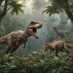 Previous tropical rainforest now teeming with dinosaurs. A mighty T-Rex, swift Raptors, towering Brachiosaurus, and sturdy Triceratops can be seen amongst the lush greenery.