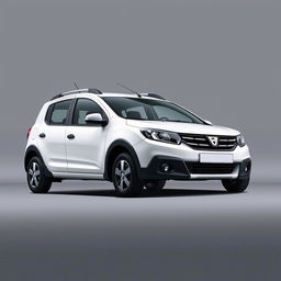 A striking Dacia Dokker vehicle in a pristine white finish, positioned prominently against a smooth grey background