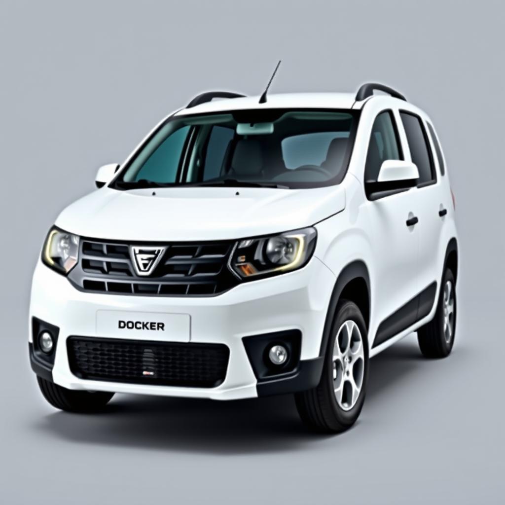 A striking Dacia Dokker vehicle in a pristine white finish, positioned prominently against a smooth grey background