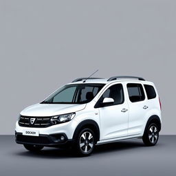 A striking Dacia Dokker vehicle in a pristine white finish, positioned prominently against a smooth grey background