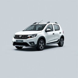 A striking Dacia Dokker vehicle in a pristine white finish, positioned prominently against a smooth grey background