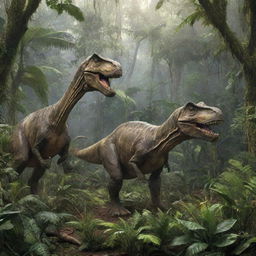 Previous tropical rainforest now teeming with dinosaurs. A mighty T-Rex, swift Raptors, towering Brachiosaurus, and sturdy Triceratops can be seen amongst the lush greenery.