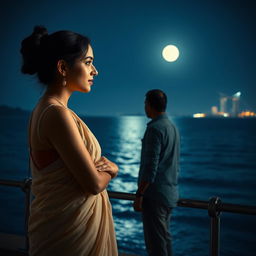 A captivating romance book cover depicting a woman in a soft, light-colored cotton saree, her expression thoughtful as she gazes at a man standing a few feet away from her