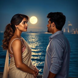 A captivating romance book cover depicting a woman in a soft, light-colored cotton saree, her expression thoughtful as she gazes at a man standing a few feet away from her