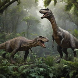 Previous tropical rainforest now teeming with dinosaurs. A mighty T-Rex, swift Raptors, towering Brachiosaurus, and sturdy Triceratops can be seen amongst the lush greenery.