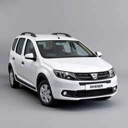 A striking Dacia Dokker vehicle in a pristine white finish, prominently positioned against a smooth grey background