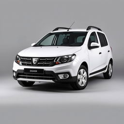 A striking Dacia Dokker vehicle in a pristine white finish, prominently positioned against a smooth grey background