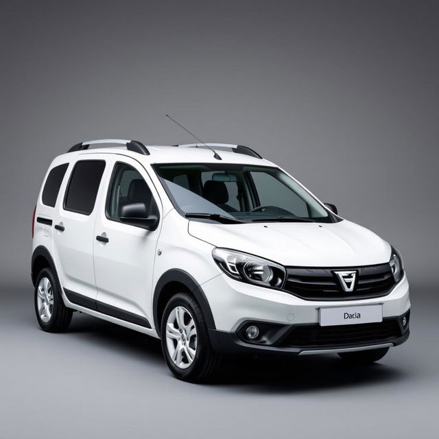 A striking Dacia Dokker vehicle in a pristine white finish, prominently positioned against a smooth grey background