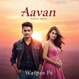 A captivating cover design for the novel 'Aavan' by Waipee Pe, featuring a 23-year-old young man with an inspiring expression, dressed in a smart-casual outfit