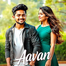 An eye-catching cover design for the novel 'Aavan' by Waipee Pe, showcasing a charismatic 23-year-old young man with a confident smile, dressed in a stylish casual outfit, embodying youthfulness and adventure