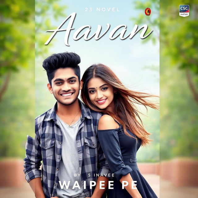 An eye-catching cover design for the novel 'Aavan' by Waipee Pe, showcasing a charismatic 23-year-old young man with a confident smile, dressed in a stylish casual outfit, embodying youthfulness and adventure