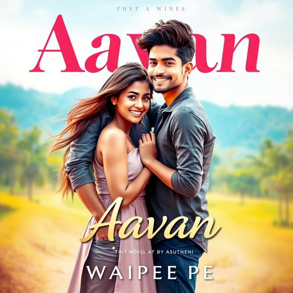 An eye-catching cover design for the novel 'Aavan' by Waipee Pe, showcasing a charismatic 23-year-old young man with a confident smile, dressed in a stylish casual outfit, embodying youthfulness and adventure