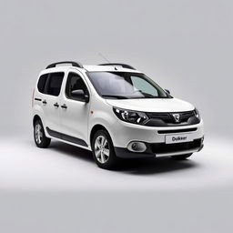 A striking Dacia Dokker vehicle in a pristine white finish, elegantly positioned against a smooth grey background