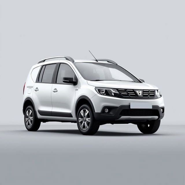 A striking Dacia Dokker vehicle in a pristine white finish, elegantly positioned against a smooth grey background