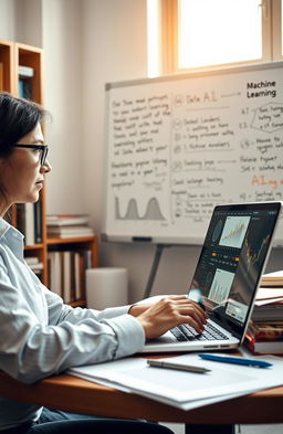 A modern academic setting showing a researcher using AI tools on a laptop