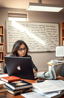 A modern academic setting showing a researcher using AI tools on a laptop