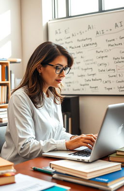 A modern academic setting showing a researcher using AI tools on a laptop