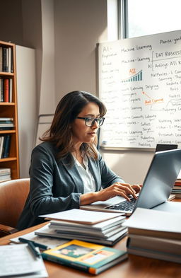 A modern academic setting showing a researcher using AI tools on a laptop