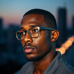 A black man with close-cropped hair, a well-groomed goatee, and broken glasses, looking thoughtfully towards the horizon