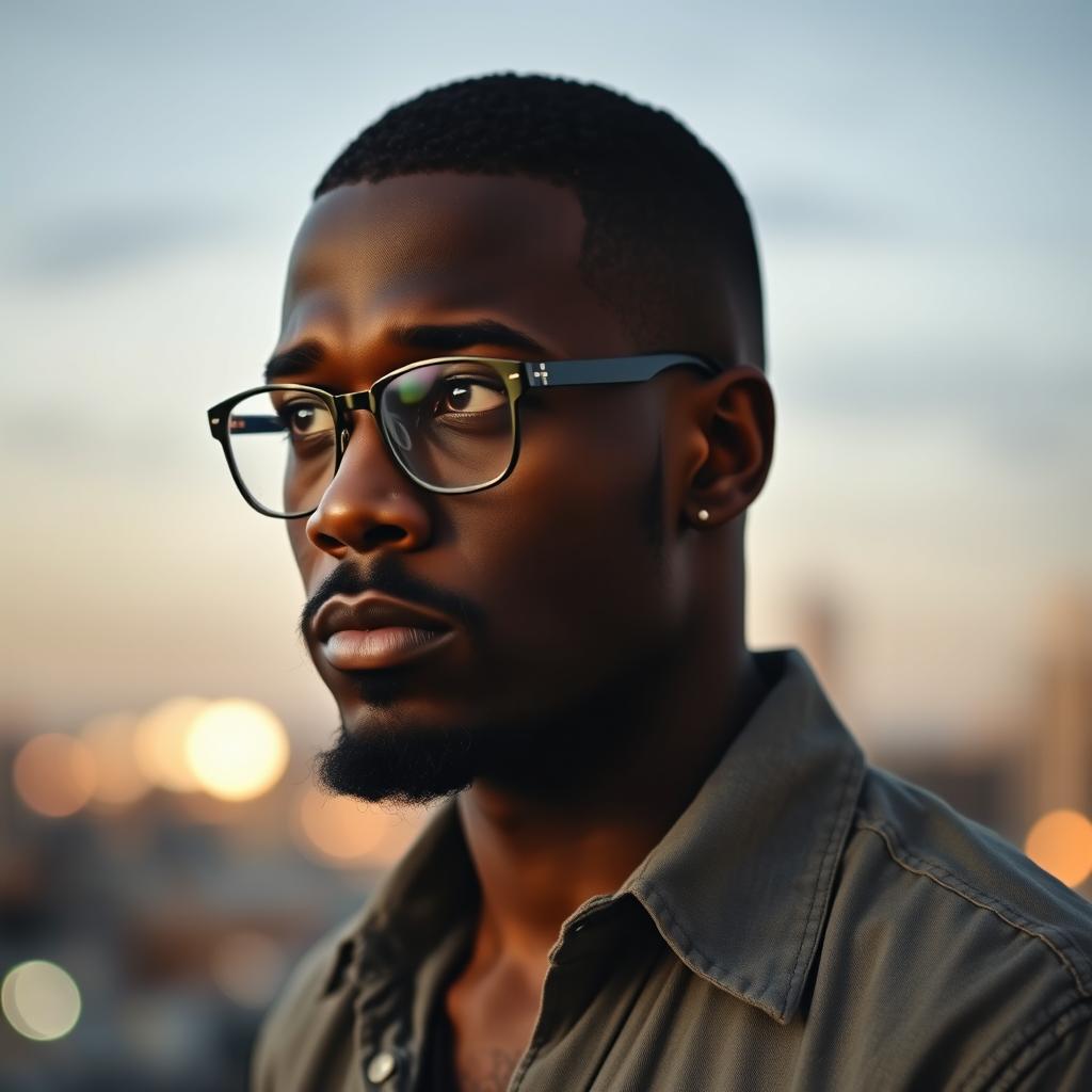 A black man with close-cropped hair, a well-groomed goatee, and broken glasses, looking thoughtfully towards the horizon