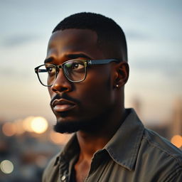 A black man with close-cropped hair, a well-groomed goatee, and broken glasses, looking thoughtfully towards the horizon