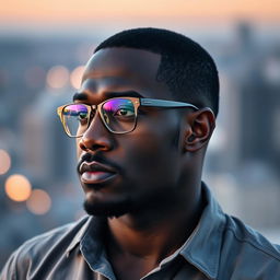 A black man with close-cropped hair, a well-groomed goatee, and broken glasses, looking thoughtfully towards the horizon