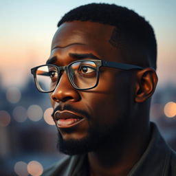 A black man with close-cropped hair, a well-groomed goatee, and broken glasses, looking thoughtfully towards the horizon