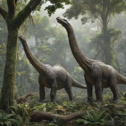 Amended image of the prehistoric rainforest where the towering Brachiosaurus is now seen gently nibbling on tree foliage amongst other dinosaurs.