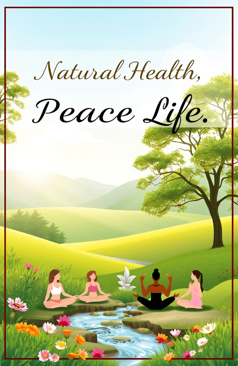 A serene and inviting book cover design for a book titled 'Natural Health, Peaceful Life'