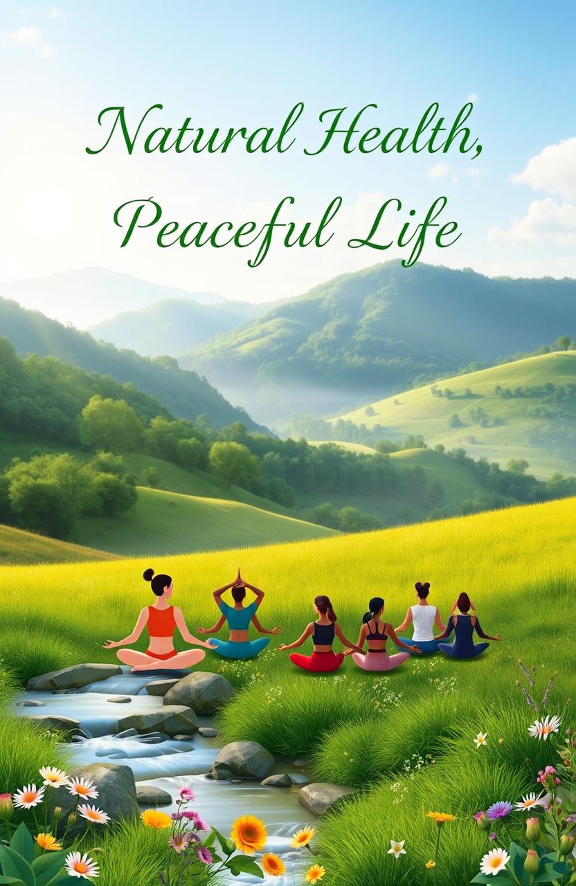 A serene and inviting book cover design for a book titled 'Natural Health, Peaceful Life'