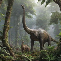 Amended image of the prehistoric rainforest where the towering Brachiosaurus is now seen gently nibbling on tree foliage amongst other dinosaurs.