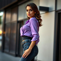 A confident woman wearing a tight, stylish blouse that accentuates her curves, paired with fitted jeans or a sleek skirt that highlights her figure