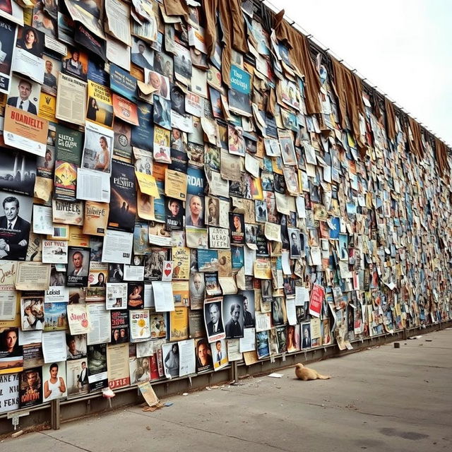 An enormous wall covered with a chaotic collage of overlapping advertisements and posters, some of which are partially torn, aged, or hanging loosely, creating a striking sense of decay and urban texture