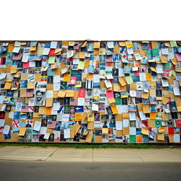 An enormous wall covered with a chaotic collage of overlapping advertisements and posters, some of which are partially torn, aged, or hanging loosely, creating a striking sense of decay and urban texture