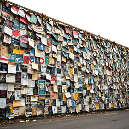 An enormous wall covered with a chaotic collage of overlapping advertisements and posters, some of which are partially torn, aged, or hanging loosely, creating a striking sense of decay and urban texture