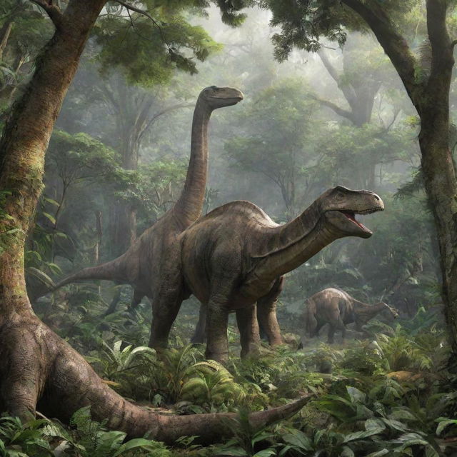 Amended image of the prehistoric rainforest where the towering Brachiosaurus is now seen gently nibbling on tree foliage amongst other dinosaurs.