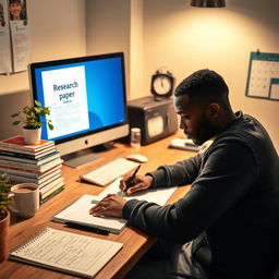 An open desk with a neatly arranged workspace for writing a research paper