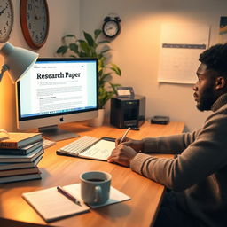 An open desk with a neatly arranged workspace for writing a research paper