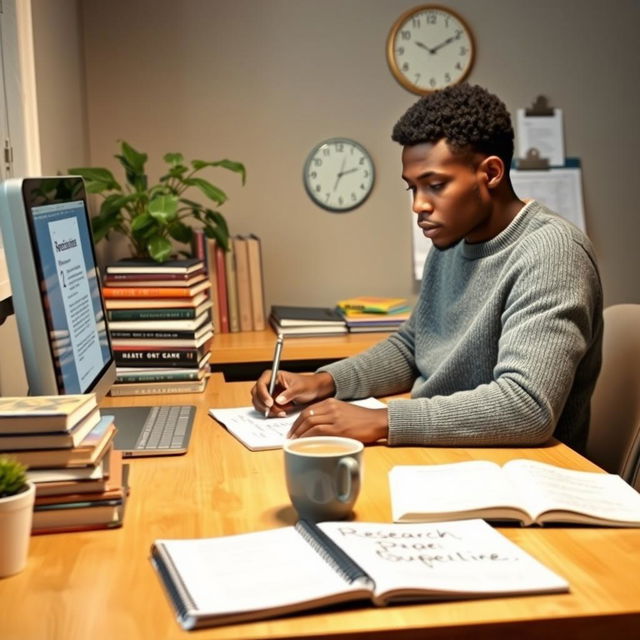 An open desk with a neatly arranged workspace for writing a research paper