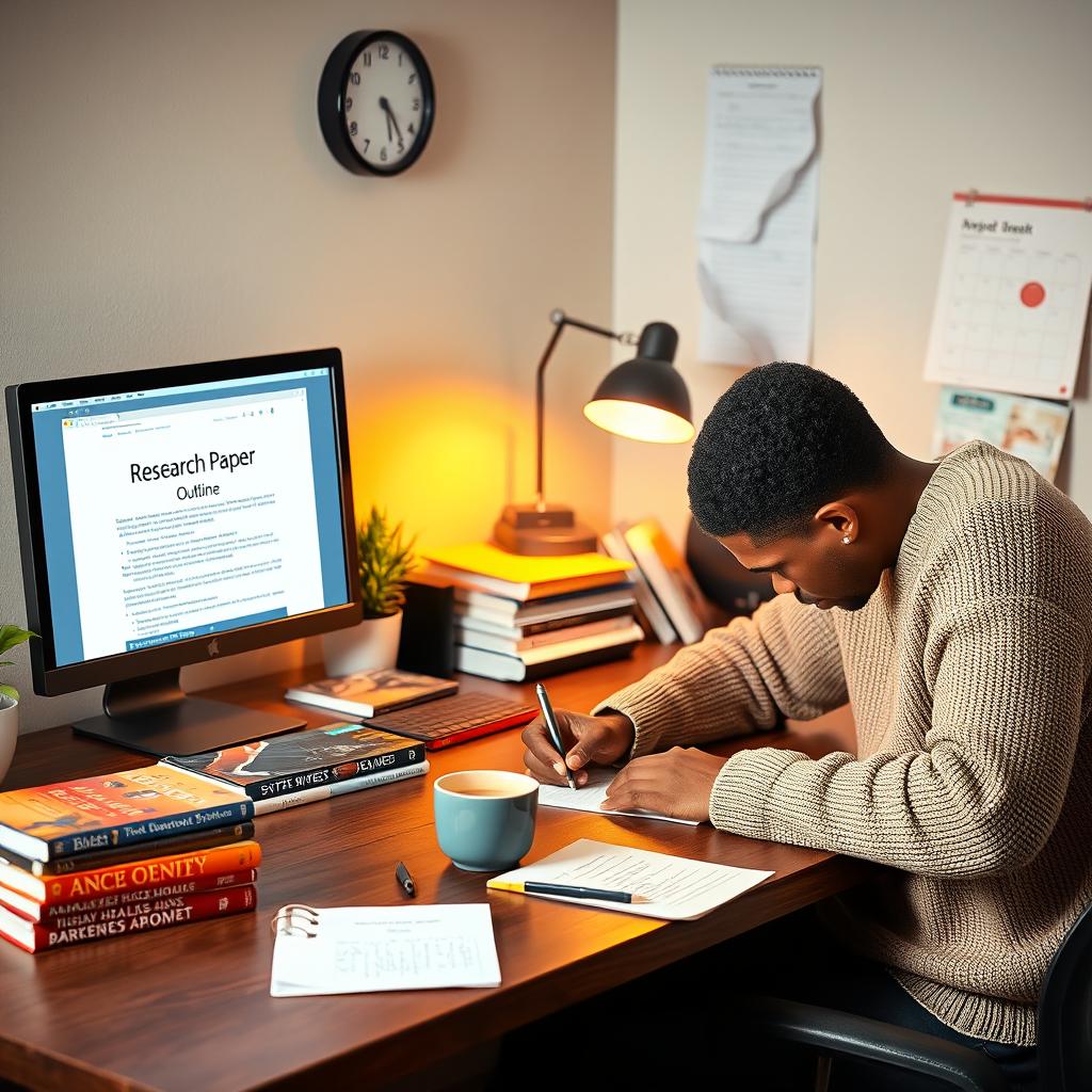 An open desk with a neatly arranged workspace for writing a research paper