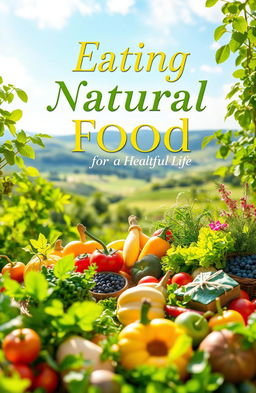 A book cover design featuring a vibrant, lush garden with an array of natural foods such as fresh fruits, vegetables, and herbs beautifully arranged