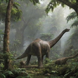 Amended image of the prehistoric rainforest where the towering Brachiosaurus is now seen gently nibbling on tree foliage amongst other dinosaurs.