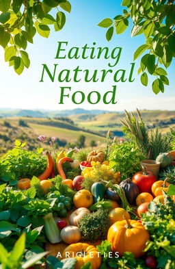 A book cover design featuring a vibrant, lush garden with an array of natural foods such as fresh fruits, vegetables, and herbs beautifully arranged