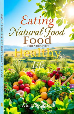 A book cover design featuring a vibrant, lush garden with an array of natural foods such as fresh fruits, vegetables, and herbs beautifully arranged