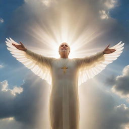 A majestic, translucent figure symbolizing the Holy Spirit, radiating warm light amidst a serene, cloudy sky backdrop.