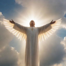 A majestic, translucent figure symbolizing the Holy Spirit, radiating warm light amidst a serene, cloudy sky backdrop.