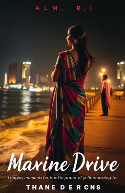 A romantic book cover featuring a woman wearing a colorful saree, standing elegantly with her back towards a man at Marine Drive in Mumbai