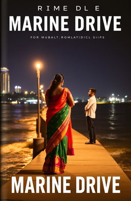 A romantic book cover featuring a woman wearing a colorful saree, standing elegantly with her back towards a man at Marine Drive in Mumbai