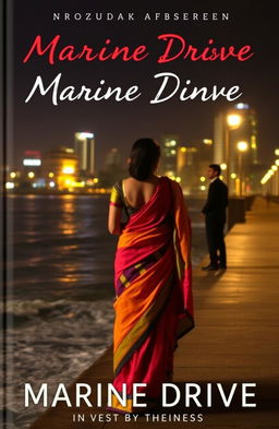 A romantic book cover featuring a woman wearing a colorful saree, standing elegantly with her back towards a man at Marine Drive in Mumbai